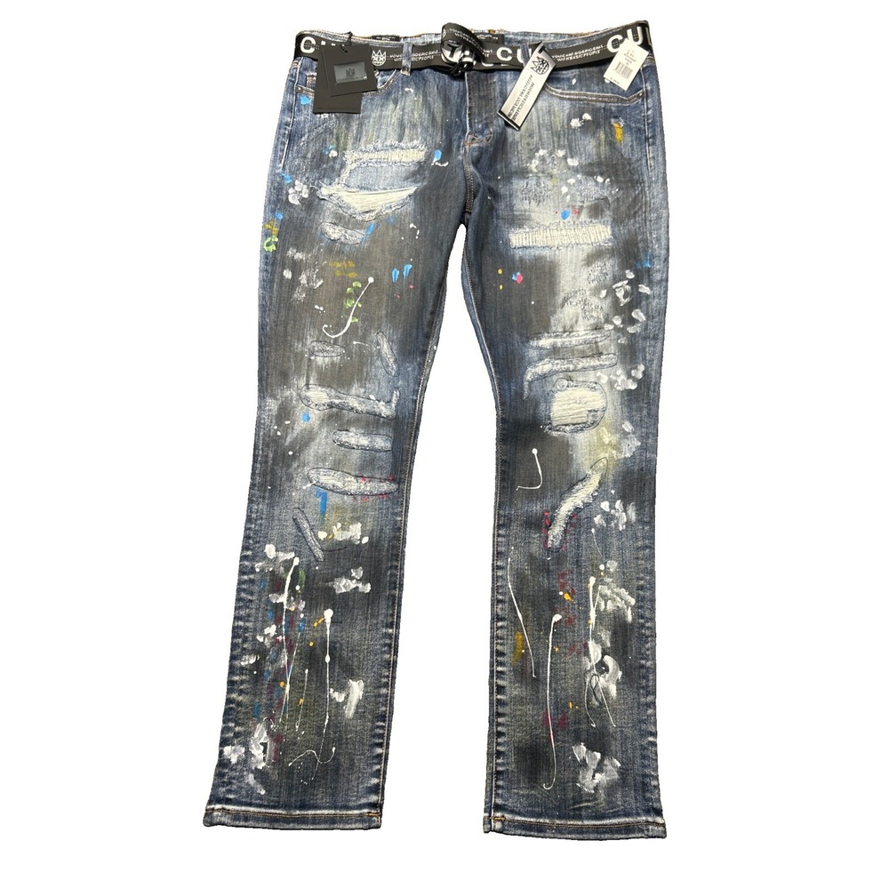 Cult of Individuality Mens Punk Super Skinny Belted Jeans 42x32 Multicolor
